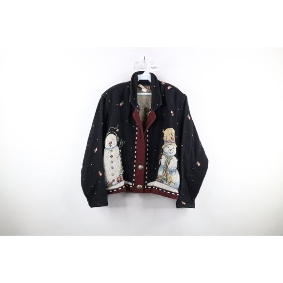 Vtg 90s Streetwear Womens L Christmas Snowman Blanket Knit Cardigan Sweater USA